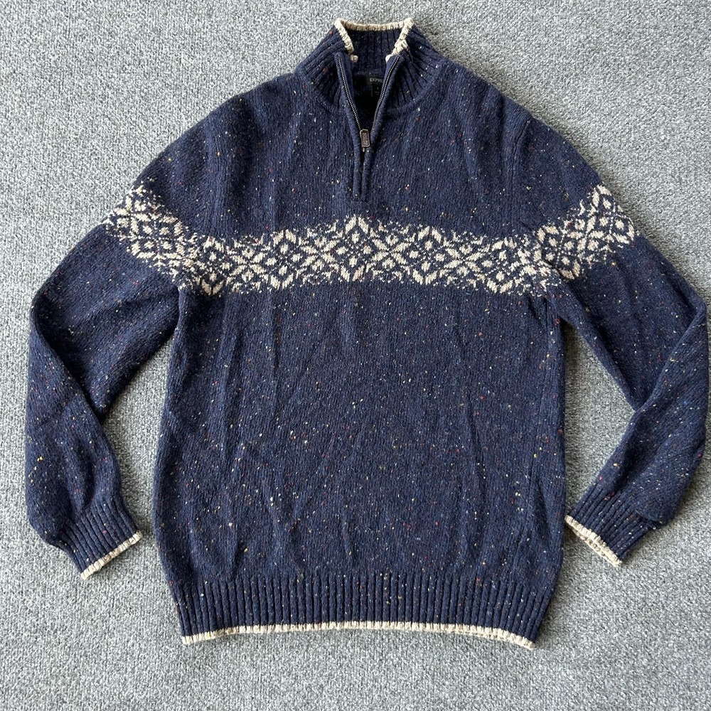 Express Sweater Mens Large Navy Wool Blend Quarter Zip Fair‎ Isle Made Japan